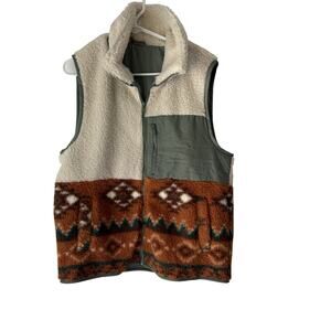 Southwestern Fleece Vest Mens Large Sherpa Aztec Brown Green Full Zip Outdoors